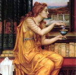 Classical painting of Locusta in a yellow dress with red hair, mixing poisons.