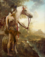 Classical painting of Freydis in armor with a horse.