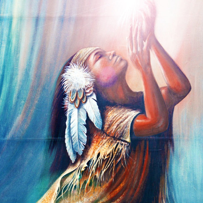 Pastel painting of Malina in animal skin clothing and a feather headdress, her hands reaching upwards to the sunlight.
