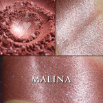 Malina rouge loose and swatched on the skin. a rouge with warm buffed red tones, overlaid by pure silver shimmer, a rouge with warm buffed red tones, overlaid by pure silver shimmer,