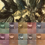 Image shows the collection of eyeshadows which Laga is a part of. These shades are mid toned, muted natural shades. The colors reflect a drawing by artist Arthur Rackham, of Viking shieldmaidens done in a watercolor and pencil style, shown at top of the image.