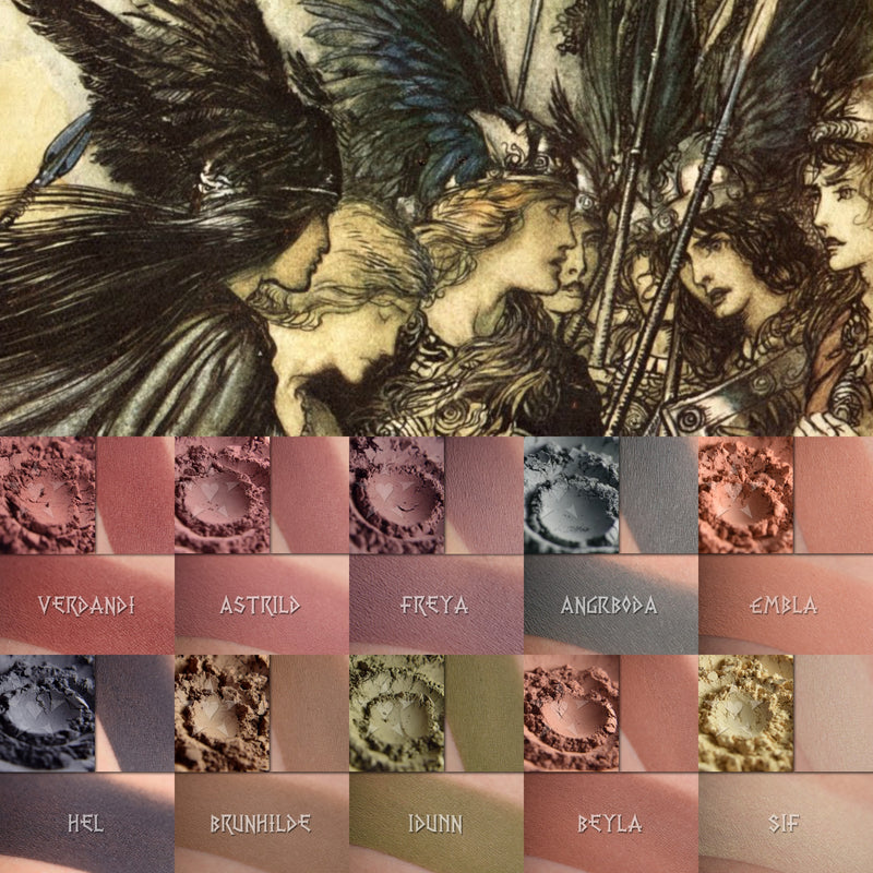 Collage showing ten natural and earth toned matte finish eyeshadows in this Saga collection 1 with illustration of Norse shield maidens with similar natural tones.