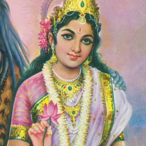 A pastel drawing of the goddess Parvati. She's wearing traditional clothing in pink, golde and white, and holding a lotus flower.