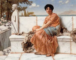Classical painting of Sappho in pink and blue dress.