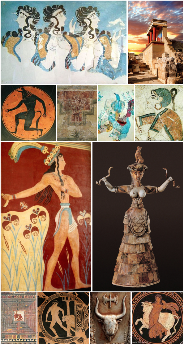 Various works of Minoan and Cretan art and sculpture showing people in traditional clothing and alongside images of bulls and bull heads with horns.