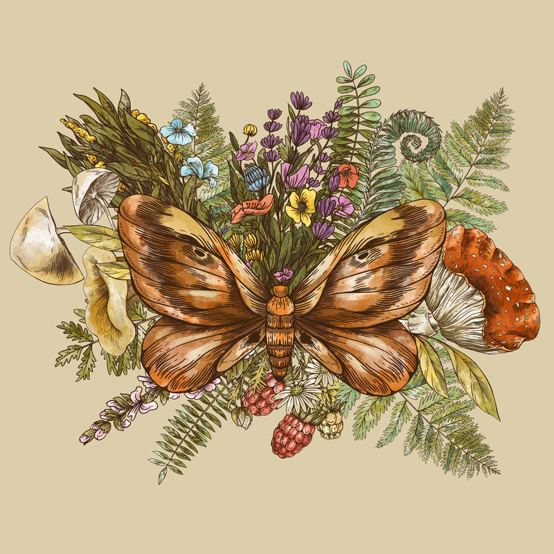 Illustration of a moth and flowers in natural tones. This appears on jar tops.