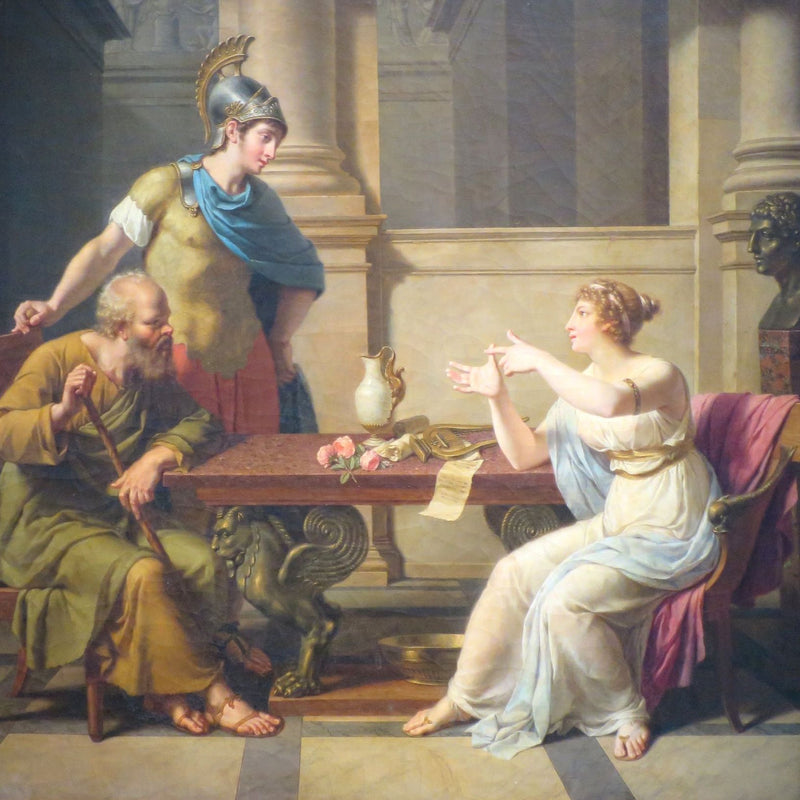 Classical painting of Aspasia shown in flowing white Greek robes sitting at a table discussing with two men.